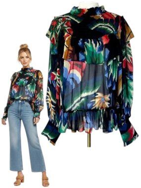 Farm Rio Smocked Ruffle Blouse Black Multi Long Sleeve S